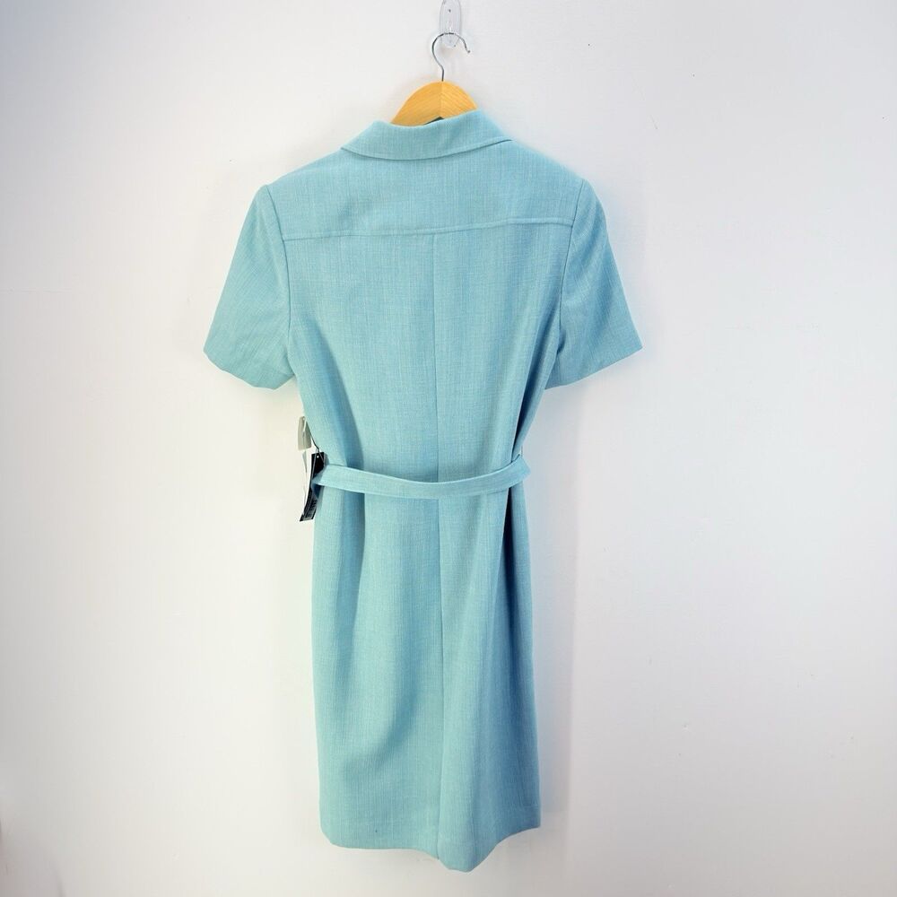 Henry Lee Dress Vintage Size 8P Aqua Blue Short Sleeve Midi Sheath Belted - Picture 9 of 13